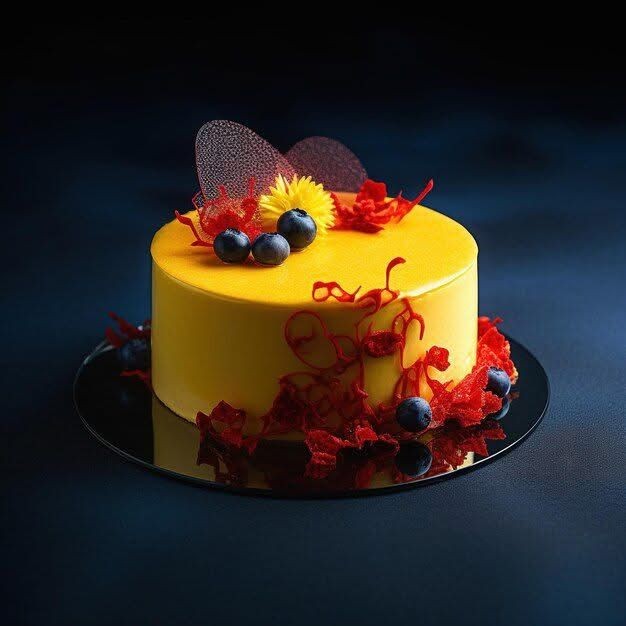 Elegant yellow cake with blueberries, red accents, and decorative chocolate pieces on a dark background.